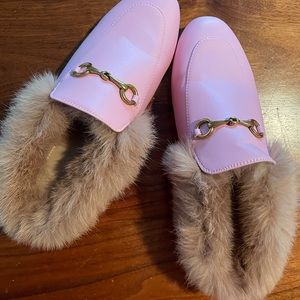 Pink Fur Mules Low Heel Loafer - NEVER WORN